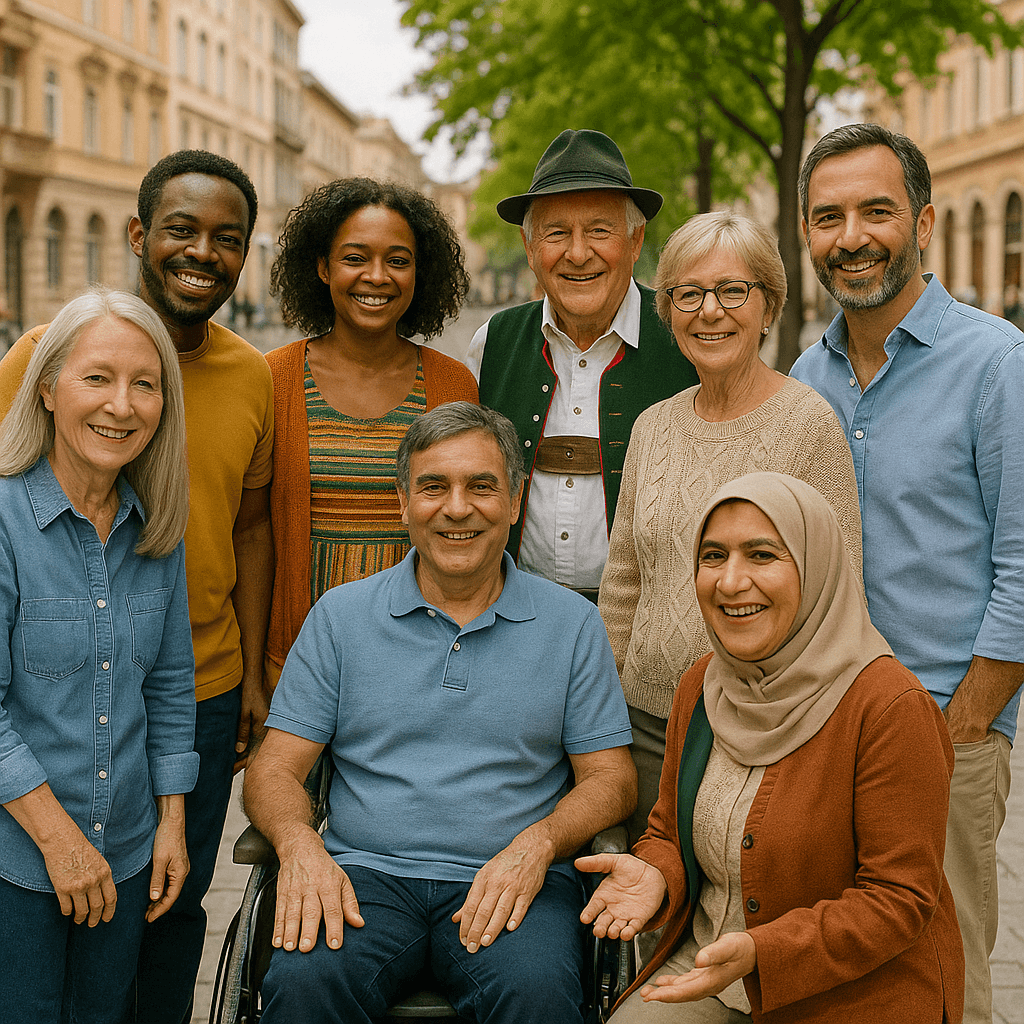 Gruppe von Seniorinnen und Senioren sitzt gemeinsam auf einer Parkbank